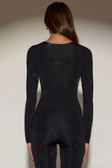 Embellished Crew-Neck Long-Sleeve Top in Black