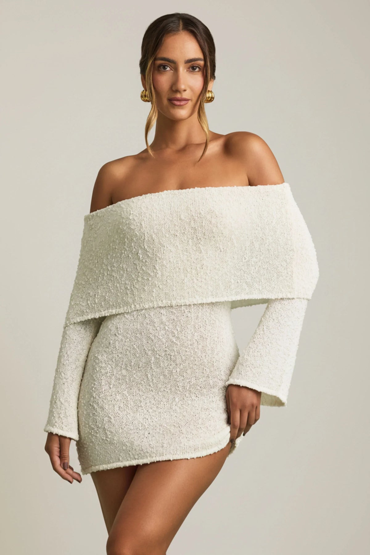 Bouclé Off-Shoulder Mini Dress in White