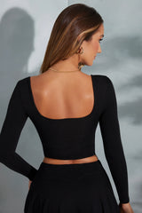 Square-Neck Long-Sleeve Crop Top in Black