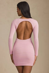 Modal Twist-Front Ruched Backless Mini Dress in Soft Pink
