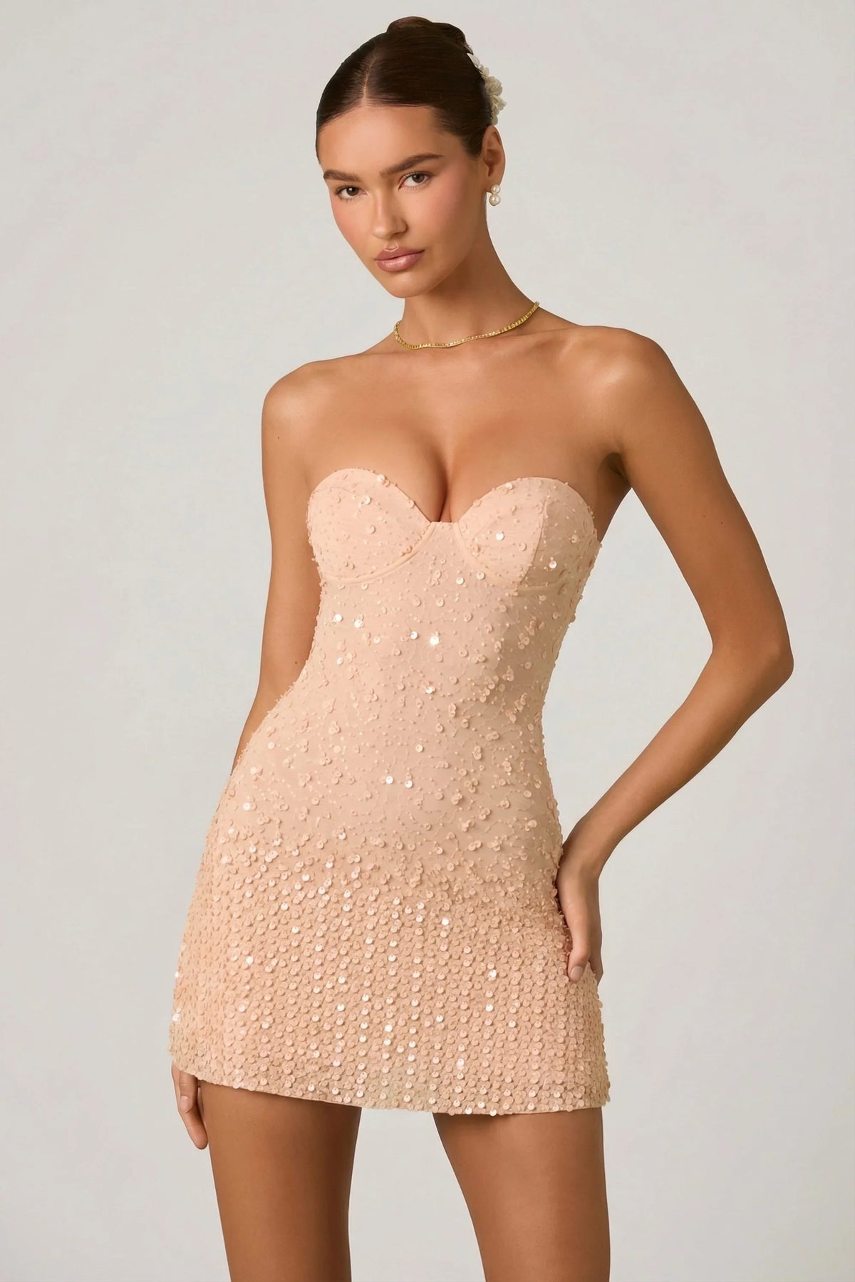 Embellished Sweetheart-Neck A-Line Mini Dress in Apricot