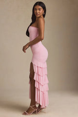 Bandeau Ruched Ruffle-Trim Maxi Dress in Blush