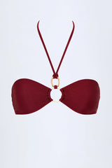 Hardware-Detail Ruched Halterneck Bikini Top in Dark Cherry