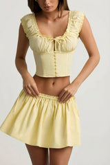 Ruched Cotton-Poplin Corset Top in Lemon Yellow
