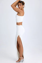 Ruched Asymmetric-Waist Maxi Skirt in White