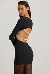 Pearl-Detail Cut-Out Mini Dress in Black