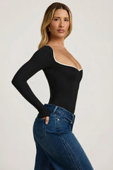 Modal Contrast-Trim Bodysuit in Black