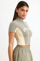 Cotton Jersey Colourblock Zip-Up Crop Top in Mineral