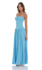 Satin Ruched Bust Maxi Dress in Aqua Blue