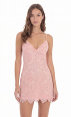 Floral Lace Open Back Mini Dress in Pink