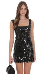 Circle Sequin Square Neck Dress in Black
