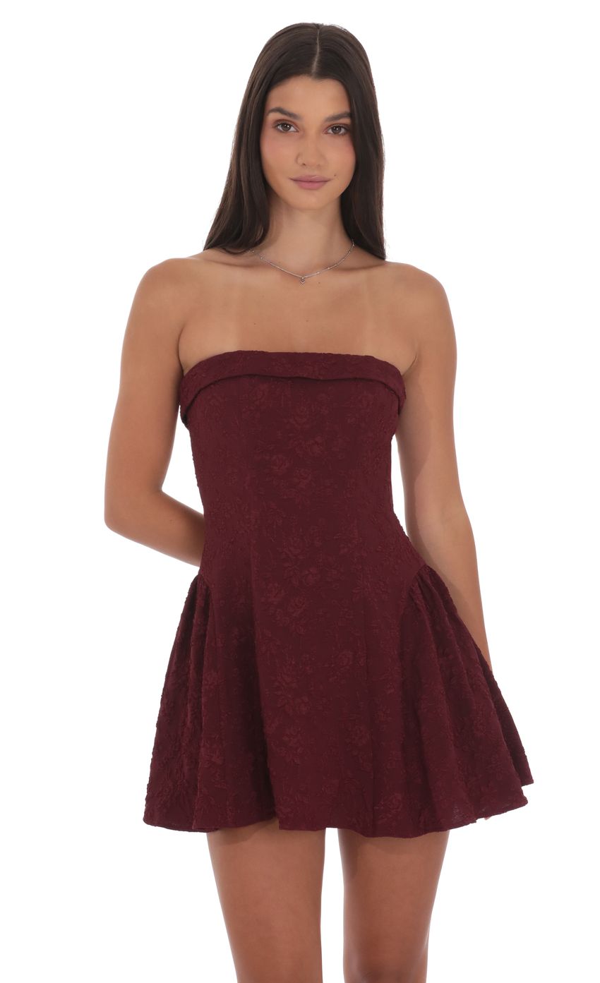 Jacquard Strapless Flare Dress in Burgundy
