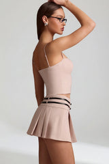 Belted Low-Rise Pleated Mini Skirt in Mushroom