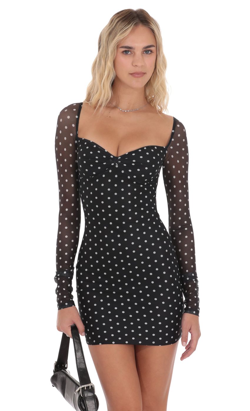 Polka Dot Long Sleeve Bodycon Dress in Black