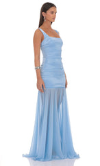 Ruched Chiffon Mermaid Maxi Dress in Light Blue