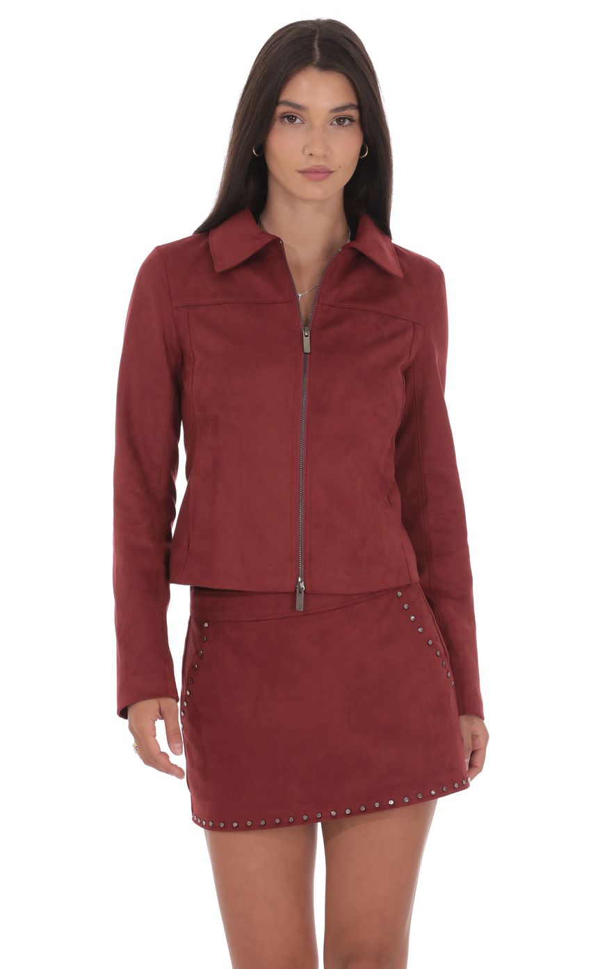 Suede Zip-Up Jacket in Maroon