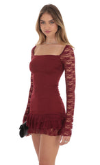 Lace Ruffle Bodycon Dress in Maroon