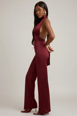 Scarf-Detail Halterneck Jumpsuit in Wine Red
