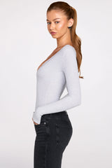 Ribbed Modal Long-Sleeve Plunge Bodysuit in Grey
