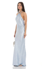 Rhinestone Satin Open Back Maxi Dress in Blue