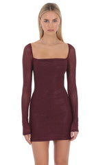 Rhinestone Long Sleeve Mini Dress in Maroon
