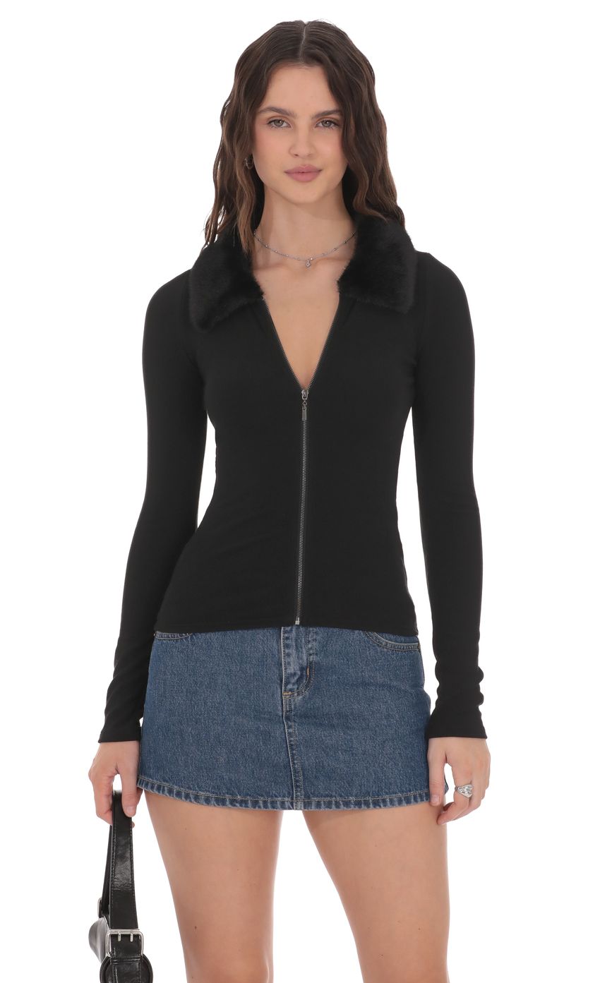 Fur Collar Zip-Up Cardigan in Black