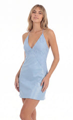 Lace Panel Satin Mini Dress in Light Blue