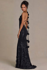 Premium Embellished Plunge Open-Back Gown in Black