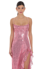 Sequin Ruffle Maxi Dress in Pink