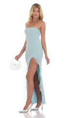 Strapless Ruffle Slit Dress in Blue