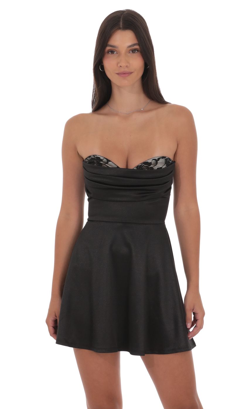 Satin Lace Bust Flare Dress in Black
