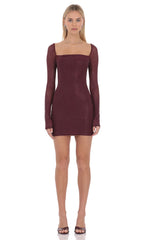 Rhinestone Long Sleeve Mini Dress in Maroon