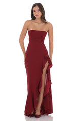 Corset Strapless Back Bow Maxi Dress in Maroon