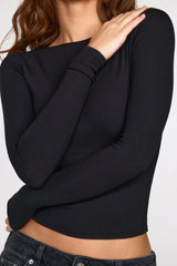 Ribbed Modal Ruched Long-Sleeve Top in Black