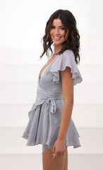 Wrap Dress in Silver Blue Satin