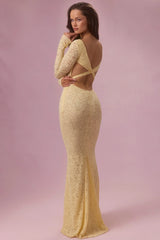 Premium Lace Long-Sleeve Maxi Dress in Butter Yellow