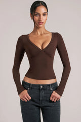 V-Neck Long-Sleeve Top  in Chocolate Brown