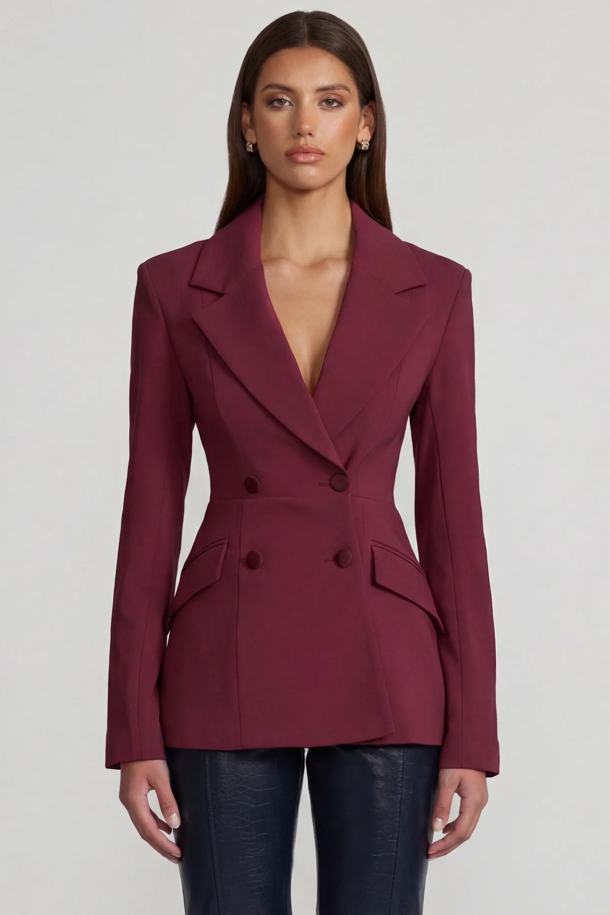 Structured Double-Breasted Blazer in Burgundy