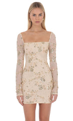 Beaded Long Sleeve Mini Dress in Champagne