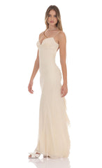 Rhinestone Mesh Open Back Maxi Dress in Beige