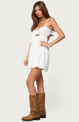 Edikted Embroidered Tie Front Cutout Mini Dress