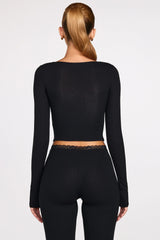 Ribbed Modal Long-Sleeve Laced Bra Top in Black