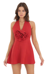 Flower V-Neck Dress in Red