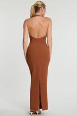 Woven Twill Halter Neck Plunge Maxi Dress in Chestnut Brown