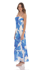 Floral Open Back Maxi Dress in White & Blue