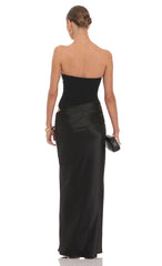 Strapless Draped Satin Maxi Dress in Black
