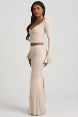 Draped Low-Rise Lace Maxi Skirt in Ivory
