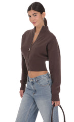 Knit Mock Neck Zip-Up Cardigan in Brown